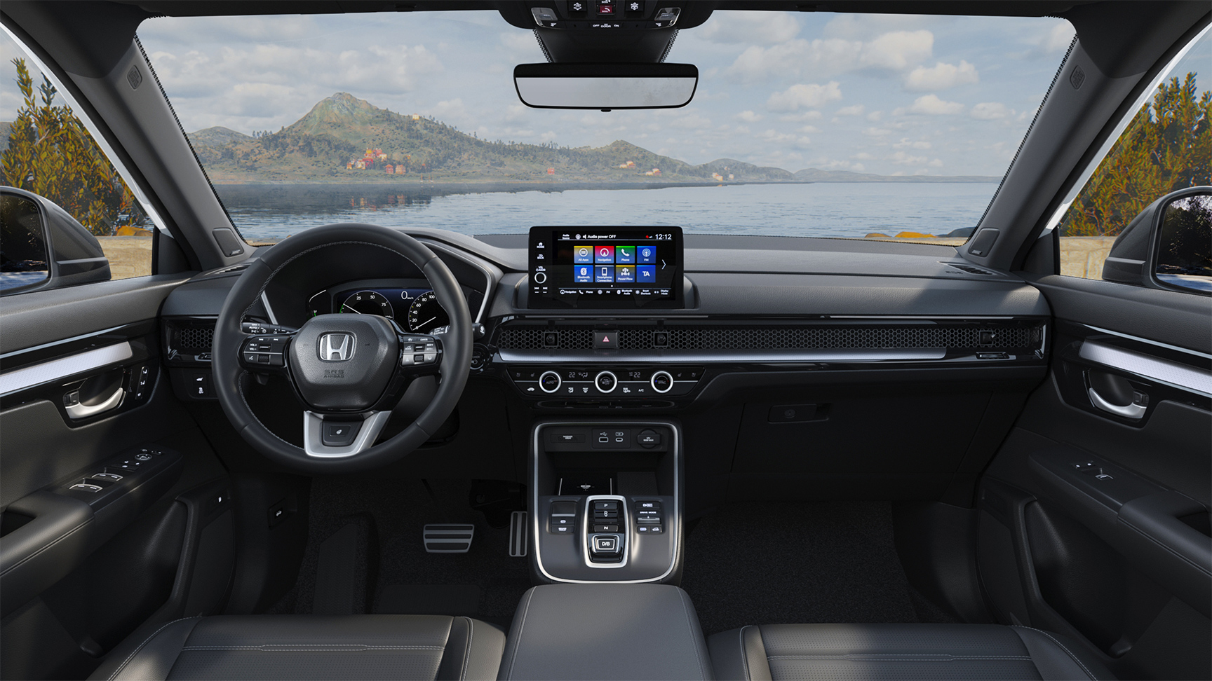 Vista a tre quarti degli interni del SUV ibrido plug-in Honda CR-V.
