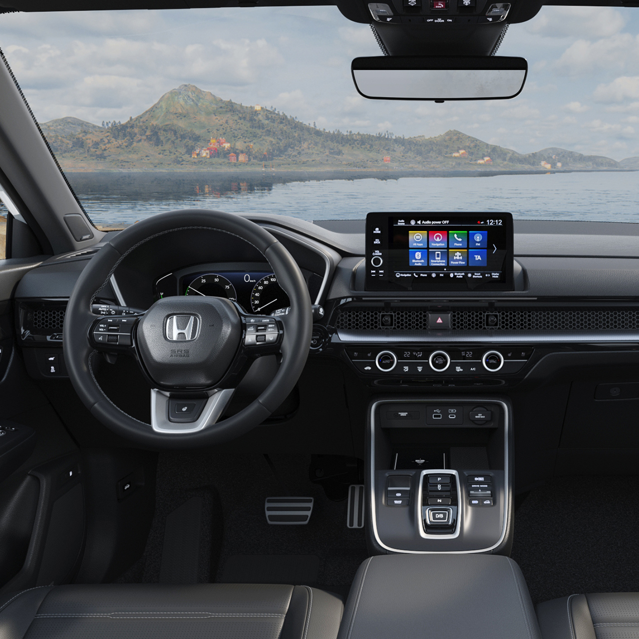 Vista a tre quarti degli interni del SUV ibrido plug-in Honda CR-V.