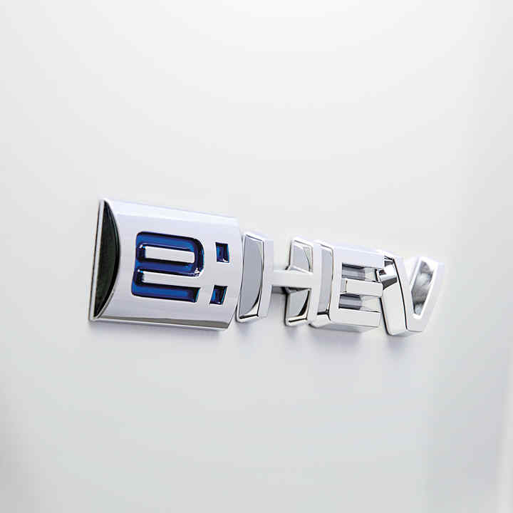 Primo piano del logo e:HEV sulla carrozzeria dell'auto