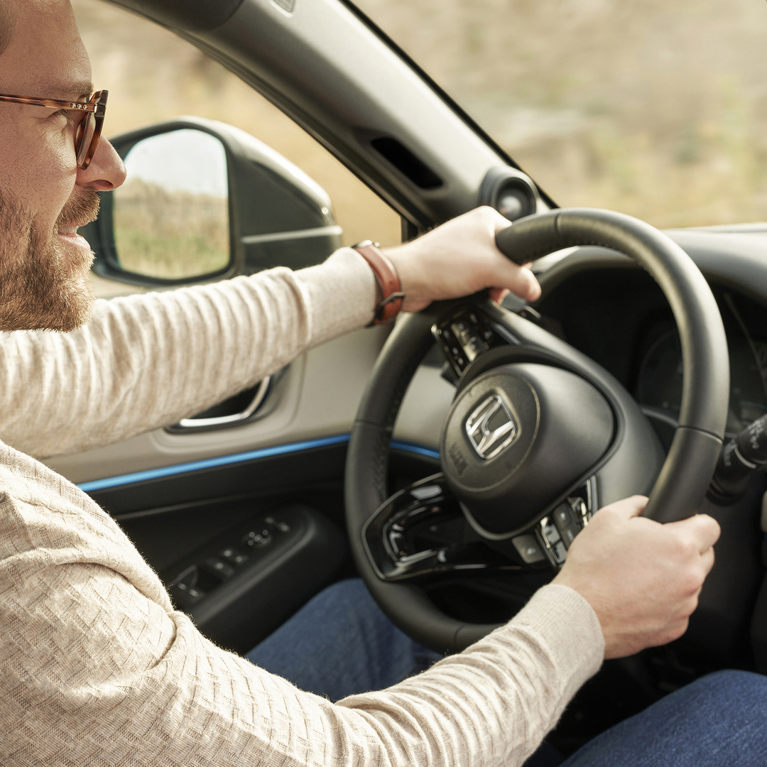 Uomo che tiene il volante.