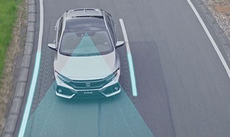 Honda Sensing car exterior shot on the road illustrating rLane Keeping Assist System and Collision Mitigation Braking System.