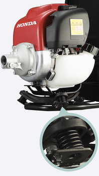 Decespugliatori spalleggiati Honda, primo piano del motore, dettaglio sul telaio antivibrazione.