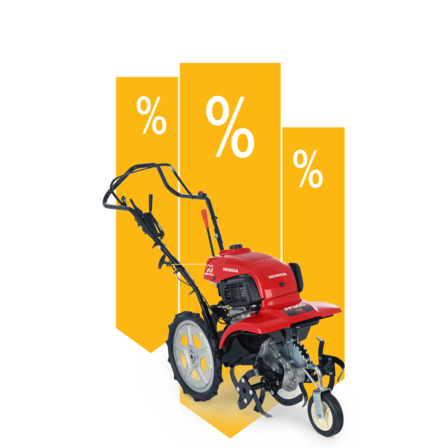 Inquadratura anteriore di tre quarti di una motozappa Honda con illustrazione delle offerte.