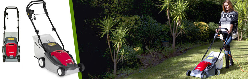 Sinistra: 2 x rasaerba Honda Destra: inquadratura anteriore di tre quarti del rasaerba, rivolto a sinistra, utilizzato da una modella, luogo di utilizzo: giardino.