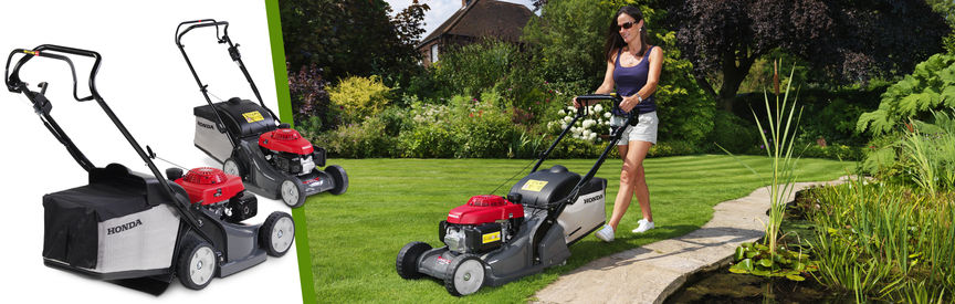 Sinistra: 2 x rasaerba Honda Destra: inquadratura anteriore di tre quarti del rasaerba, rivolto a sinistra, utilizzato da una modella, luogo di utilizzo: giardino.