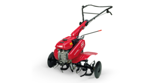 Motozappa compatta, inquadratura di tre quarti, lato sinistro.