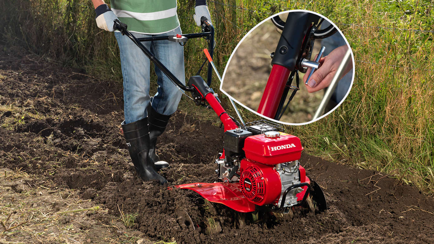 Motozappa compatta, con dettaglio della stegola regolabile, luogo di utilizzo: giardino.