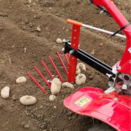 Versatile tiller with potato lifter attachment, garden location.