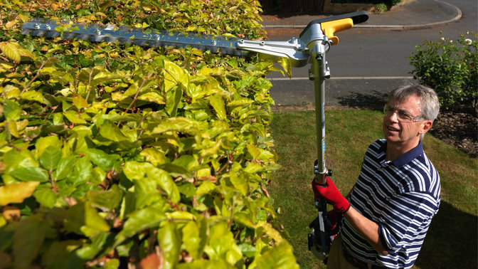 Honda Versatool con attrezzo tagliasiepi, utilizzato da un modello, luogo di utilizzo: giardino.