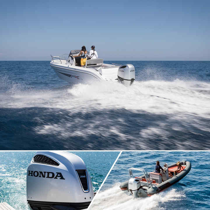 Boat out on the water with Honda V6 engine.