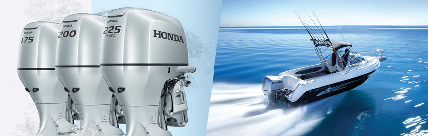 A sinistra: motori Honda Marine 3X. A destra: barca con motore Honda, utilizzata da modelli, località costiera.