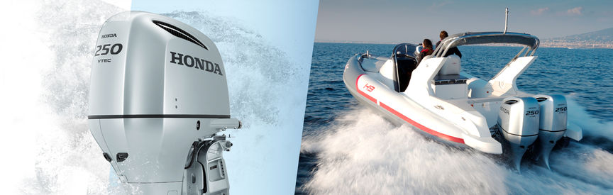 A sinistra: motore Honda Marine. A destra: barca con motore Honda, utilizzata da modelli, località costiera.