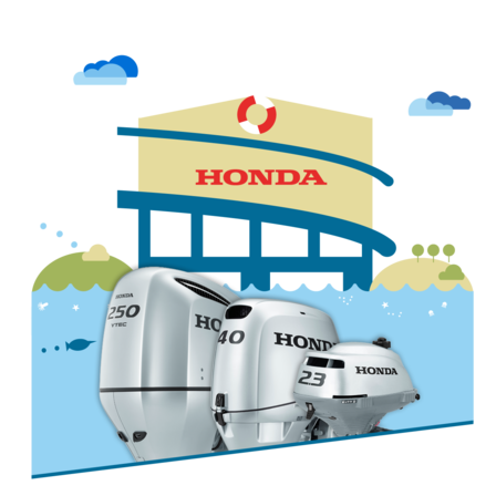 3 motori Honda Marine con illustrazione del rivenditore.