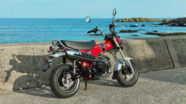 Dax 125, immagine posteriore statica di tre quarti, vicino al mare.