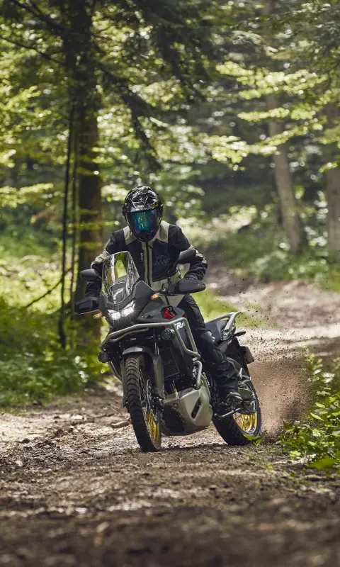 Pilota alla guida della moto XL750 Transalp in un luogo boschivo.