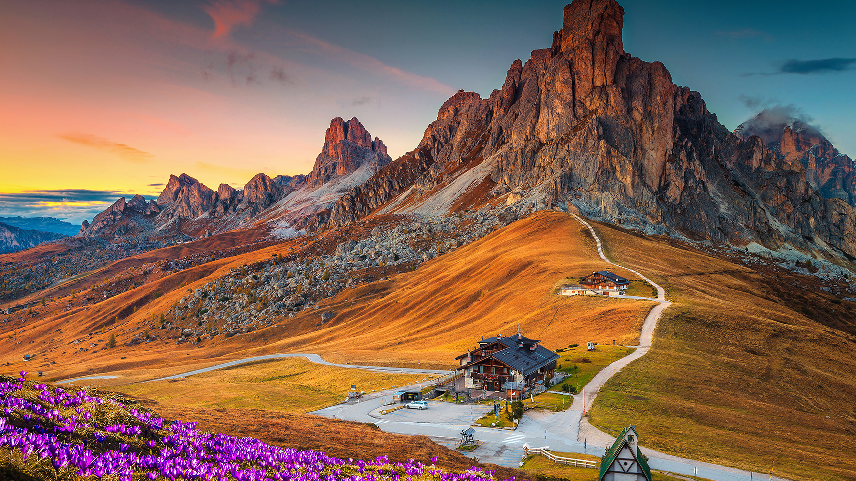 Meraviglioso scenario alpino con fiori di croco primaverili sulle colline e spettacolari montagne al tramonto, Passo Giau, Dolomiti, Italia, Europa