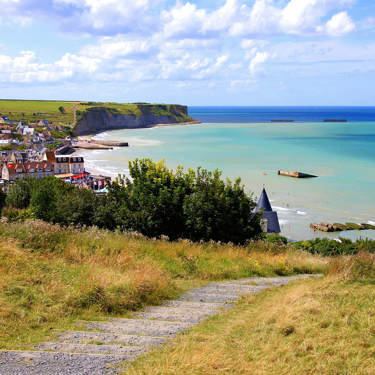 Vista sulle spiagge del D-day ad Arromanches les Bains, Normandia, Francia