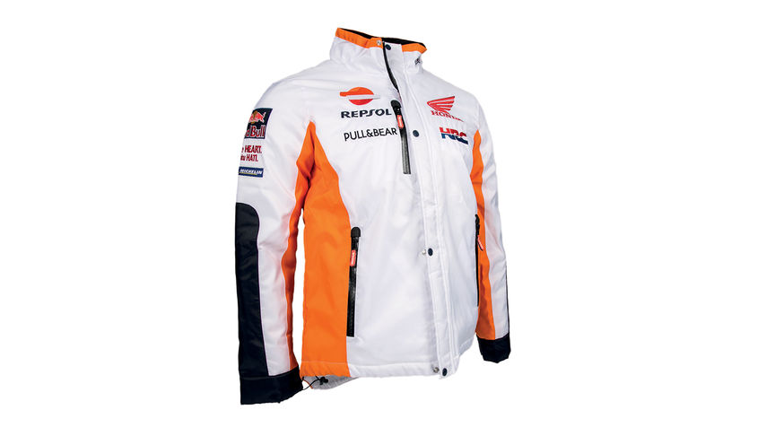 Giacca invernale bianca con i colori del team MotoGP Repsol.