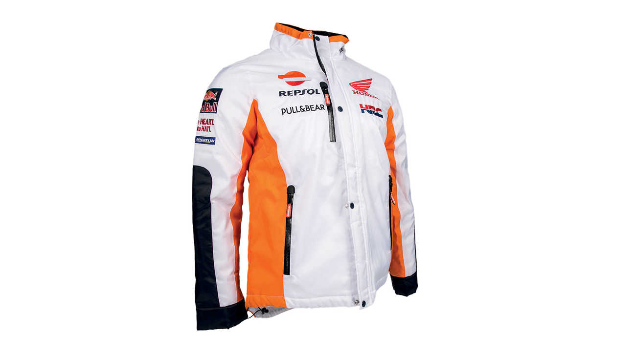 Giacca invernale bianca con i colori del team MotoGP Repsol.