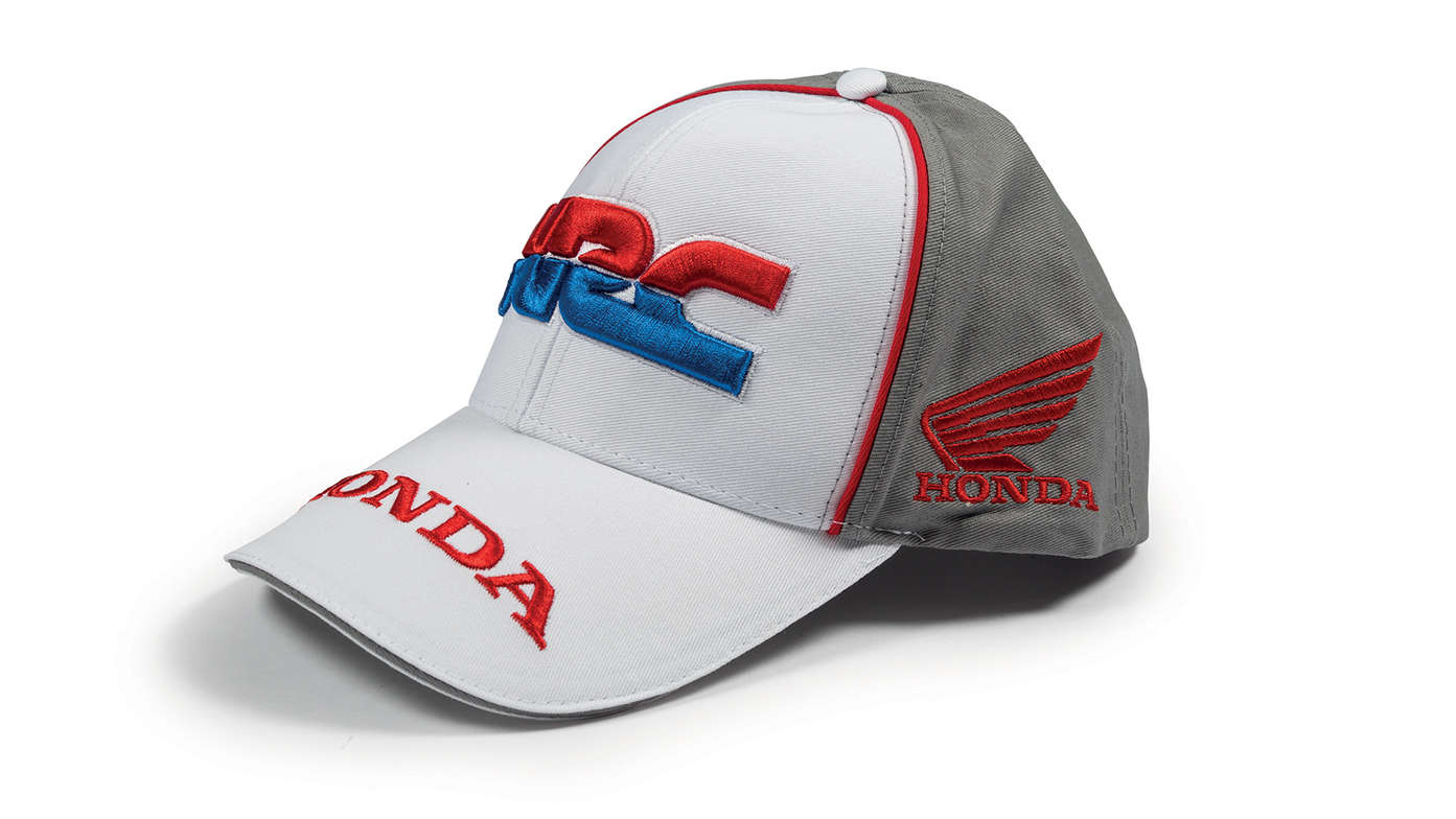 Cappellino da baseball con i colori del team Honda HRC e il logo Honda Racing Corporation.