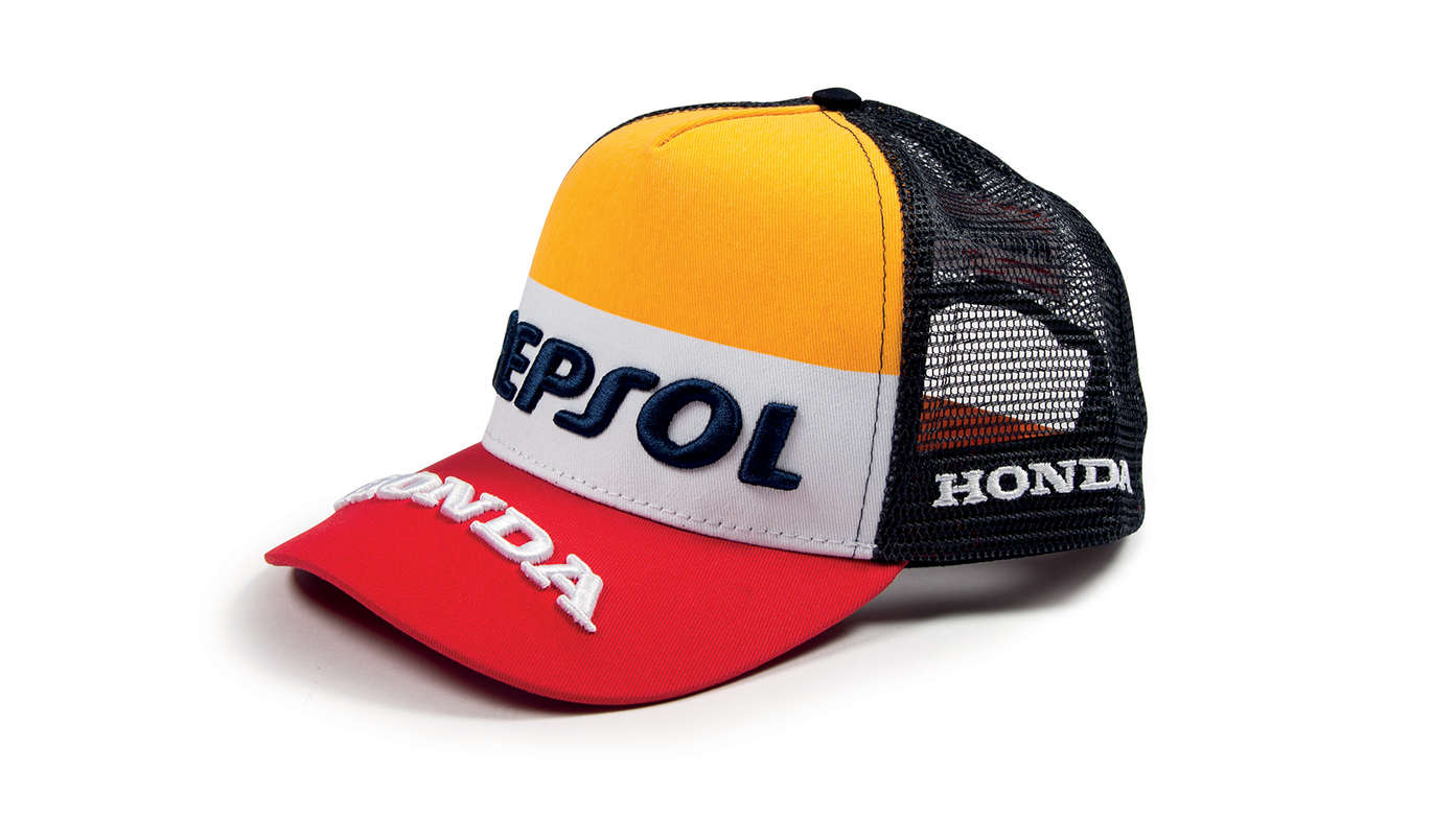 Cappellino con i colori Honda MotoGP arancione, bianco e rosso e logo Repsol.