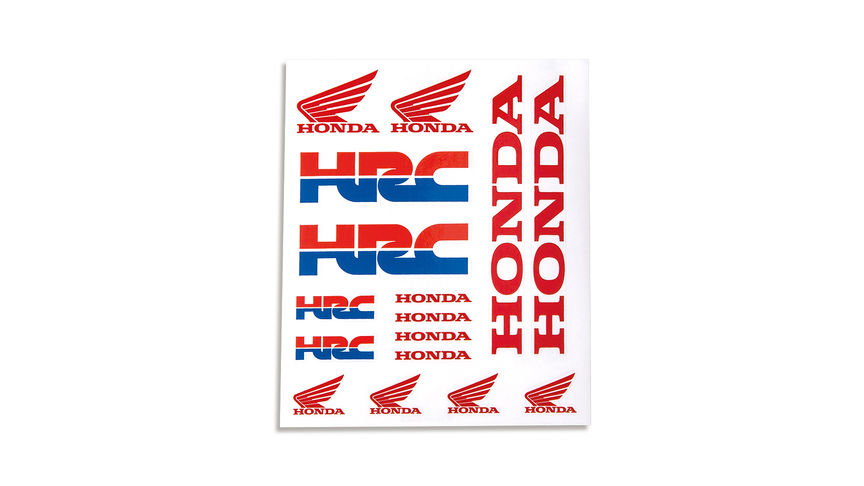 Set di adesivi Honda HRC con i loghi del team da corsa Honda HRC e l’ala Honda.