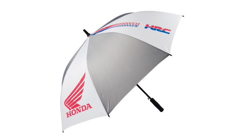 Ombrello grigio e bianco, con i colori HRC e il logo dell’ala Honda.