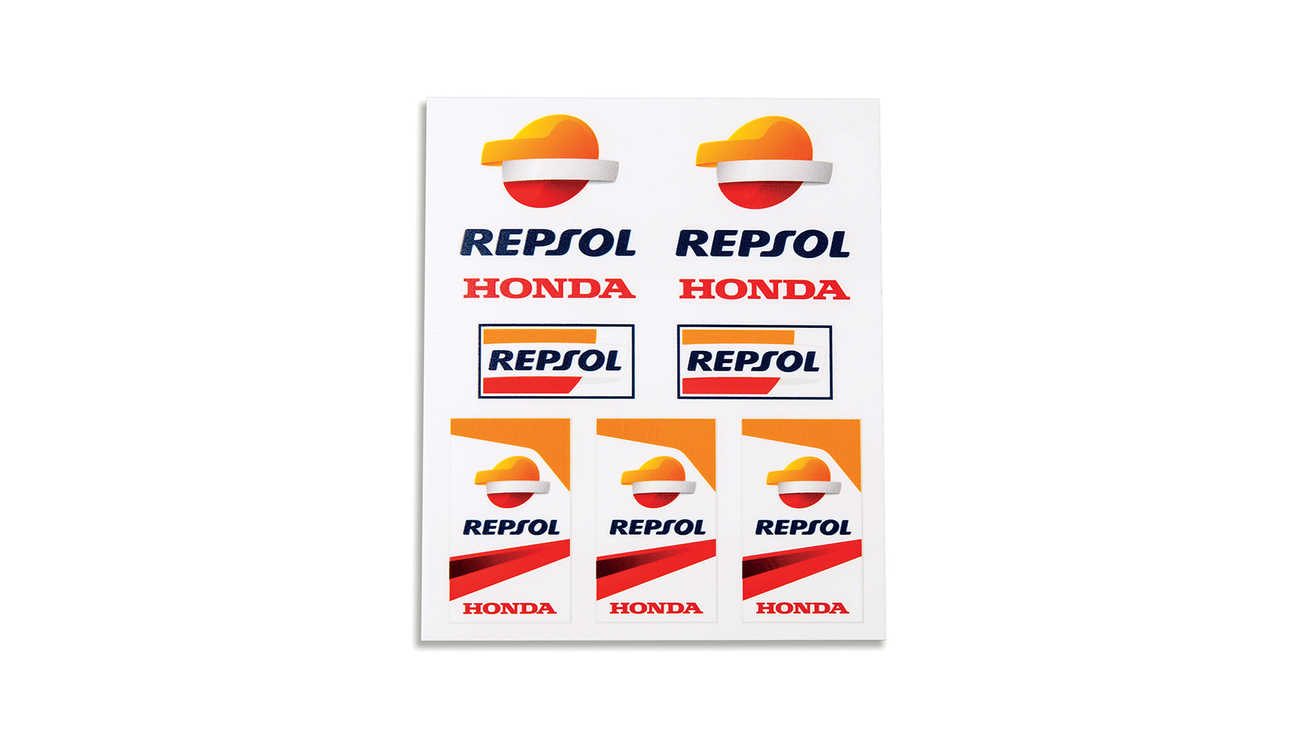 Set di adesivi in vinile Honda Repsol con i colori MotoGP Honda e il logo Repsol.