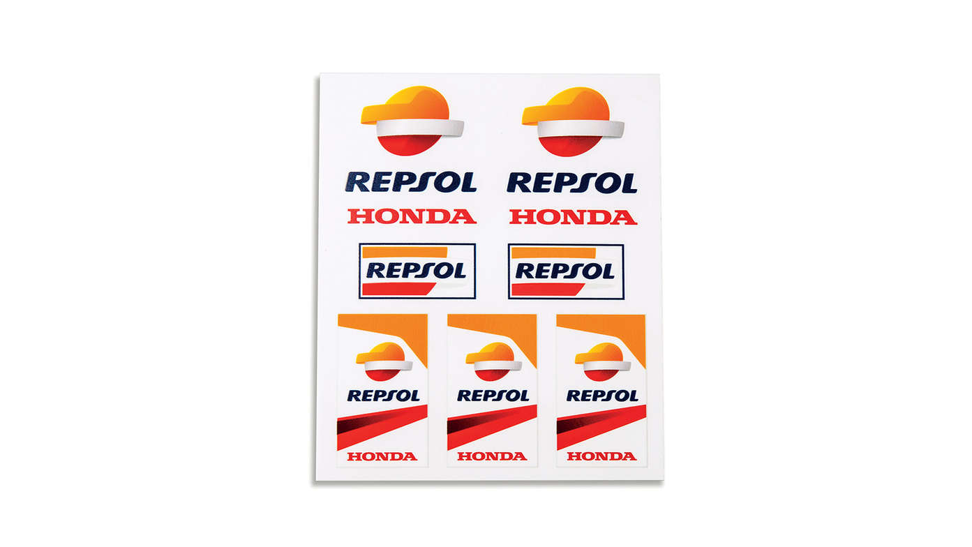 Set di adesivi in vinile Honda Repsol con colori Honda MotoGP e logo Repsol.