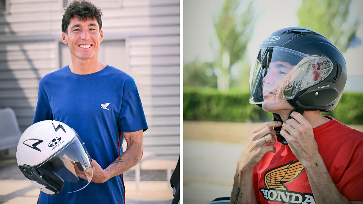 Side-by-side images of motorcycle riders with Honda helmets. On the left, a person in a blue shirt holds a white Honda helmet. On the right, someone in a red Honda shirt fastens a black helmet with a clear visor.