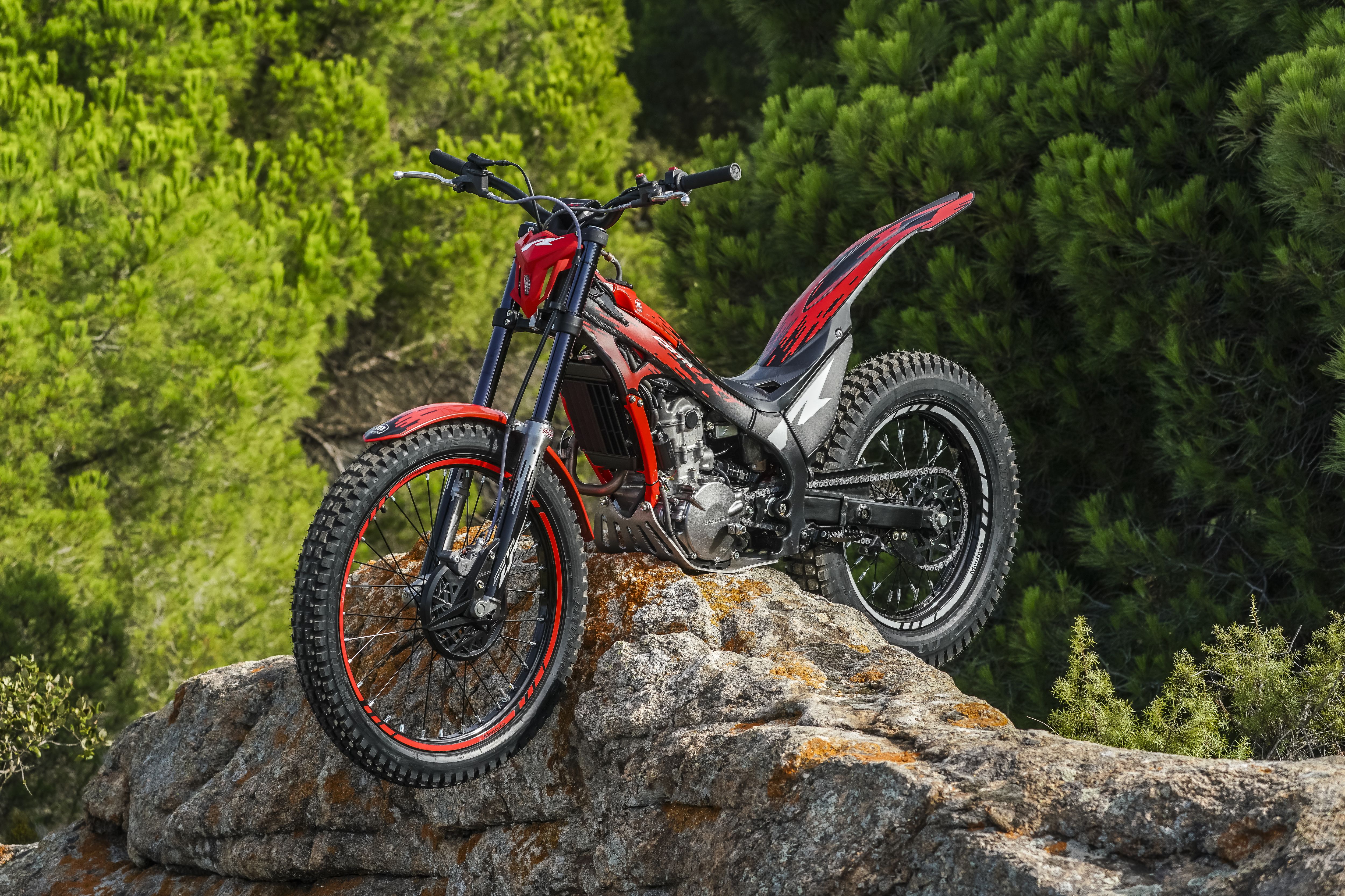 Montesa Cota 260R da trial in equilibrio su una sporgenza rocciosa, immersa in un bosco.