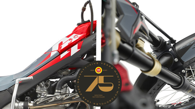Honda Montesa Cota 301RR, 3 inquadrature su serbatoio e sulle sospensioni Fighting Red e Sonic Grey