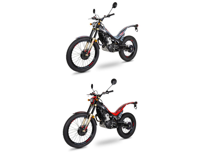 Honda Montesa Cota 301RR inquadratura anteriore sinistra di tre quarti, Fighting Red e Sonic Grey.