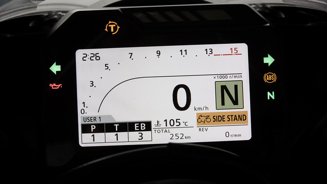 Primo piano dello schermo digitale Honda CBR1000RR Fireblade digital TFT.