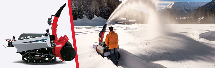 A sinistra: inquadratura anteriore di tre quarti, Snowfighter rivolto a sinistra. A destra: Snowfighter, utilizzato da un operatore, in montagna.