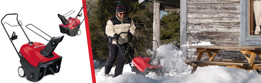 Sinistra: 2 spazzaneve mono-stadio. Destra: spazzaneve mono-stadio, utilizzato da un operatore, in giardino.
