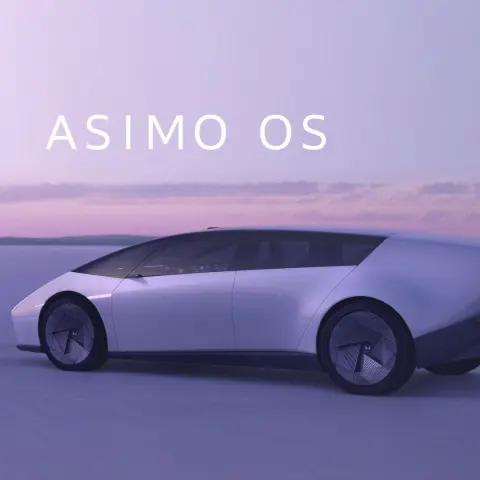 Vista laterale della Honda 0 SALOON con il robot Asimo