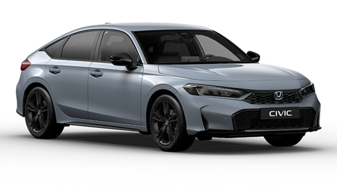 Nuova Honda Civic e:HEV ibrida Sport in blu, vista di tre quarti