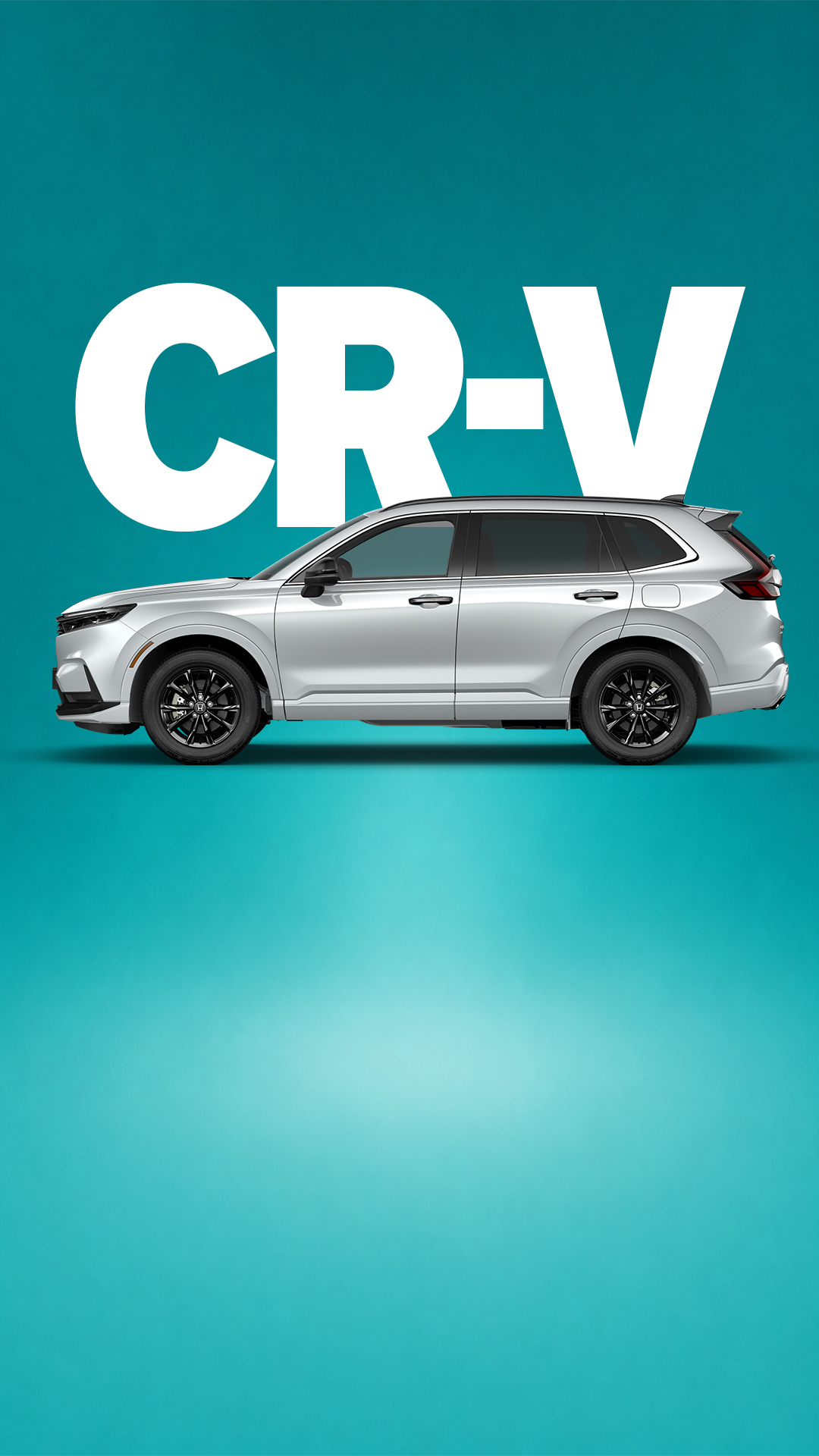 Una CR-V bianca su uno sfondo blu sfumato con la scritta “CR-V” sullo sfondo
