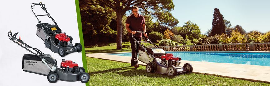 Sinistra: 2 x rasaerba Honda Destra: inquadratura laterale, rivolto a destra, utilizzato da un modello, luogo di utilizzo: giardino.